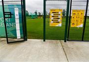 11 June 2020; A view of public health guidance signage and a hand sanitiser dispenser at the Cricket Ireland High Performance Training Centre on the Sport Ireland Campus in Dublin. In accordance with Cricket Ireland’s Coronavirus (COVID-19) Safe Return to Training Protocols, more than 30 of Ireland’s elite cricketers returned to training this week at three dedicated hubs across the country, at Dublin, Belfast and Bready. Both senior men’s and women’s squads undertook modified training sessions in line with Government guidelines following the outbreak of the Coronavirus (COVID-19) pandemic. Photo by Seb Daly/Sportsfile