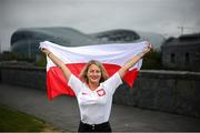 14 June 2020; Poland supporter Magda Boruc, from Naas, Kildare, poses for a portrait near the Aviva Stadium in Dublin. Monday 15 June 2020 was the scheduled date for the opening game in Dublin of UEFA EURO 2020, the Group E opener between Poland and Play-off B Winner. UEFA EURO 2020, to be held in 12 European cities across 12 UEFA countries, was originally scheduled to take place from 12 June to 12 July 2020. On 17 March 2020, UEFA announced that the tournament would be delayed by a year due to the COVID-19 pandemic in Europe, and proposed it take place from 11 June to 11 July 2021. Photo by Stephen McCarthy/Sportsfile