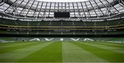 14 June 2020; A general view of the Aviva Stadium in Dublin. Monday 15 June 2020 was the scheduled date for the opening game in Dublin of UEFA EURO 2020, the Group E opener between Poland and Play-off B Winner. UEFA EURO 2020, to be held in 12 European cities across 12 UEFA countries, was originally scheduled to take place from 12 June to 12 July 2020. On 17 March 2020, UEFA announced that the tournament would be delayed by a year due to the COVID-19 pandemic in Europe, and proposed it take place from 11 June to 11 July 2021. Photo by Stephen McCarthy/Sportsfile