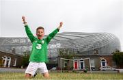14 June 2020; Republic of Ireland supporter and Havleock Square resident Johnny Murphy, age 8, celebrates scoring on his friend Paddy Allen, age 7, during a kickabout on Havelock Square in the shadow of the Aviva Stadium in Dublin. Monday 15 June 2020 was the scheduled date for the opening game in Dublin of UEFA EURO 2020, the Group E opener between Poland and Play-off B Winner. UEFA EURO 2020, to be held in 12 European cities across 12 UEFA countries, was originally scheduled to take place from 12 June to 12 July 2020. On 17 March 2020, UEFA announced that the tournament would be delayed by a year due to the COVID-19 pandemic in Europe, and proposed it take place from 11 June to 11 July 2021. Photo by Stephen McCarthy/Sportsfile