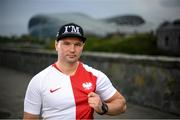 14 June 2020; Poland supporter Pawel Cherek, from Ongar, Dublin, poses for a portrait near the Aviva Stadium in Dublin. Monday 15 June 2020 was the scheduled date for the opening game in Dublin of UEFA EURO 2020, the Group E opener between Poland and Play-off B Winner. UEFA EURO 2020, to be held in 12 European cities across 12 UEFA countries, was originally scheduled to take place from 12 June to 12 July 2020. On 17 March 2020, UEFA announced that the tournament would be delayed by a year due to the COVID-19 pandemic in Europe, and proposed it take place from 11 June to 11 July 2021. Photo by Stephen McCarthy/Sportsfile