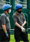 15 June 2020; Stall handlers wearing face masks and gloves prior to the Roscommon Maiden at Roscommon Racecourse in Roscommon. Horse racing has been allowed to resume from June 8 under the Irish Government’s Roadmap for Reopening of Society and Business following strict protocols of social distancing and hand sanitisation among others allowing it to return in a phased manner, having been suspended from March 25 due to the Irish Government's efforts to contain the spread of the Coronavirus (COVID-19) pandemic. Photo by Seb Daly/Sportsfile