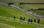 15 June 2020; Alexei Vronsky, third from right, with Billy Lee up, races alongside eventual second place Dazzling Darren, left, with Conor Maxwell up, on their way to winning the Global Rossie Day On 21st June Handicap at Roscommon Racecourse in Roscommon. Horse racing has been allowed to resume from June 8 under the Irish Government’s Roadmap for Reopening of Society and Business following strict protocols of social distancing and hand sanitisation among others allowing it to return in a phased manner, having been suspended from March 25 due to the Irish Government's efforts to contain the spread of the Coronavirus (COVID-19) pandemic. Photo by Seb Daly/Sportsfile