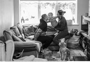 17 June 2020; (EDITORS NOTE: Image has been converted to black & white) Professional boxer and member of An Garda Síochána Niall Kennedy with his wife Niamh and son MJ at their home in Gorey, Wexford, before leaving for work at Wicklow Garda Station. Photo by Stephen McCarthy/Sportsfile