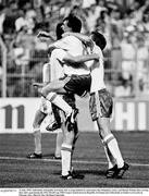 21 June 1990; Niall Quinn of Republic of Ireland, left, is congratulated by team-mates Ray Houghton, centre, and Ronnie Whelan after scoring their side's goal during the FIFA World Cup 1990 Group F match between Republic of Ireland and Netherlands at Stadio La Favorita in Palermo, Italy. Photo by Ray McManus/Sportsfile