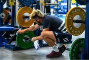 22 June 2020; Jimmy O'Brien cleans weights during a Leinster rugby gym session at UCD in Dublin. Rugby teams have been approved for return of restricted training under IRFU and the Irish Government’s Roadmap for Reopening of Society and Business following strict protocols of social distancing and hand sanitisation among other measures allowing it to return in a phased manner, having been suspended since March due to the Irish Government's efforts to contain the spread of the Coronavirus (COVID-19) pandemic. Photo by Marcus Ó Buachalla for Leinster Rugby via Sportsfile