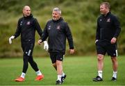 23 June 2020; First team coach John Gill, centre, with goalkeeper Gary Rogers, left, and newly appointed assistant manager Alan Reynolds during a Dundalk training session at Oriel Park in Dundalk, Louth. Following approval from the Football Association of Ireland and the Irish Government, the four European qualified SSE Airtricity League teams resumed collective training. On March 12, the FAI announced the cessation of all football under their jurisdiction upon directives from the Irish Government, the Department of Health and UEFA, due to the outbreak of the Coronavirus (COVID-19) pandemic. Photo by Ben McShane/Sportsfile