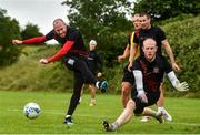 23 June 2020; Aaron McCarey saves the shot of Chris Shields during a Dundalk training session at Oriel Park in Dundalk, Louth. Following approval from the Football Association of Ireland and the Irish Government, the four European qualified SSE Airtricity League teams resumed collective training. On March 12, the FAI announced the cessation of all football under their jurisdiction upon directives from the Irish Government, the Department of Health and UEFA, due to the outbreak of the Coronavirus (COVID-19) pandemic. Photo by Ben McShane/Sportsfile