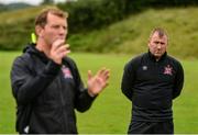 23 June 2020; Newly appointed assistant manager Alan Reynolds watches on as manager Vinny Perth talks to the players following a Dundalk training session at Oriel Park in Dundalk, Louth. Following approval from the Football Association of Ireland and the Irish Government, the four European qualified SSE Airtricity League teams resumed collective training. On March 12, the FAI announced the cessation of all football under their jurisdiction upon directives from the Irish Government, the Department of Health and UEFA, due to the outbreak of the Coronavirus (COVID-19) pandemic.  Photo by Ben McShane/Sportsfile