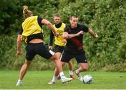 23 June 2020; Patrick McEleney, right, in action against Greg Sloggett during a Dundalk training session at Oriel Park in Dundalk, Louth. Following approval from the Football Association of Ireland and the Irish Government, the four European qualified SSE Airtricity League teams resumed collective training. On March 12, the FAI announced the cessation of all football under their jurisdiction upon directives from the Irish Government, the Department of Health and UEFA, due to the outbreak of the Coronavirus (COVID-19) pandemic. Photo by Ben McShane/Sportsfile