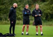 23 June 2020; Strength and conditioning coach Graham Norton, left, physiotherapist Danny Miller, centre, and manager Vinny Perth during a Dundalk training session at Oriel Park in Dundalk, Louth. Following approval from the Football Association of Ireland and the Irish Government, the four European qualified SSE Airtricity League teams resumed collective training. On March 12, the FAI announced the cessation of all football under their jurisdiction upon directives from the Irish Government, the Department of Health and UEFA, due to the outbreak of the Coronavirus (COVID-19) pandemic. Photo by Ben McShane/Sportsfile