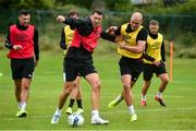 23 June 2020; Brian Gartland, left, in action against Georgie Kelly during a Dundalk training session at Oriel Park in Dundalk, Louth. Following approval from the Football Association of Ireland and the Irish Government, the four European qualified SSE Airtricity League teams resumed collective training. On March 12, the FAI announced the cessation of all football under their jurisdiction upon directives from the Irish Government, the Department of Health and UEFA, due to the outbreak of the Coronavirus (COVID-19) pandemic. Photo by Ben McShane/Sportsfile