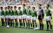 25 June 1990; The Republic of Ireland team line up prior to the FIFA World Cup 1990 Round of 16 match between Republic of Ireland and Romania at the Stadio Luigi Ferraris in Genoa, Italy. Photo by Ray McManus/Sportsfile