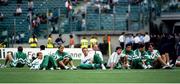 25 June 1990; Republic of Ireland manager Jack Charlton and players, from left, Chris Morris, David Kelly, Mick McCarthy, Alan McLoughlin, Paul McGrath, John Aldridge and Bernie Slaven prior to the FIFA World Cup 1990 Round of 16 match between Republic of Ireland and Romania at the Stadio Luigi Ferraris in Genoa, Italy. Photo by Ray McManus/Sportsfile
