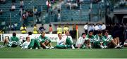 25 June 1990; Republic of Ireland manager Jack Charlton and players, from left, Chris Morris, David Kelly, Mick McCarthy, Alan McLoughlin, Paul McGrath, John Aldridge and Bernie Slaven prior to the FIFA World Cup 1990 Round of 16 match between Republic of Ireland and Romania at the Stadio Luigi Ferraris in Genoa, Italy. Photo by Ray McManus/Sportsfile