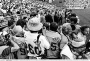 25 June 1990; Republic of Ireland manager Jack Charlton and assistant manager Maurice Setters are seen alongside a group of photographers prior to the FIFA World Cup 1990 Round of 16 match between Republic of Ireland and Romania at the Stadio Luigi Ferraris in Genoa, Italy. Photo by Ray McManus/Sportsfile