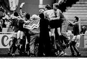 25 June 1990; Republic of Ireland players celebrate after the penalty shoot out during the FIFA World Cup 1990 Round of 16 match between Republic of Ireland and Romania at the Stadio Luigi Ferraris in Genoa, Italy. Photo by Ray McManus/Sportsfile
