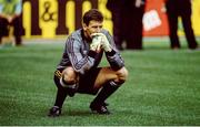 25 June 1990; Republic of Ireland goalkeeper Packie Bonner looks on during the penalty shoot out in the FIFA World Cup 1990 Round of 16 match between Republic of Ireland and Romania at the Stadio Luigi Ferraris in Genoa, Italy. Photo by Ray McManus/Sportsfile
