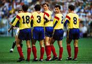 25 June 1990; Romania players, from left, Gavril Pele Balint, Michael Klein, Danut Lupu, Mircea Rednic and Ioan Sabau stand in a defensive wall as they defend a free kick during the FIFA World Cup 1990 Round of 16 match between Republic of Ireland and Romania at the Stadio Luigi Ferraris in Genoa, Italy. Photo by Ray McManus/Sportsfile