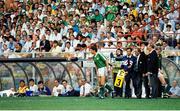 25 June 1990; David O'Leary of Republic of Ireland comes on as a substitute Steve Staunton watched by manager Jack Charlton during the FIFA World Cup 1990 Round of 16 match between Republic of Ireland and Romania at the Stadio Luigi Ferraris in Genoa, Italy. Photo by Ray McManus/Sportsfile