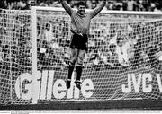 25 June 1990; Republic of Ireland goalkeeper Packie Bonner celebrates after saving a penalty from Daniel Timofte of Romania during a penalty shoot out in the FIFA World Cup 1990 Round of 16 match between Republic of Ireland and Romania at the Stadio Luigi Ferraris in Genoa, Italy. Photo by Ray McManus/Sportsfile
