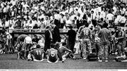 25 June 1990; Republic of Ireland manager Jack Charlton speaks to his players prior to the penalty shoot out during the FIFA World Cup 1990 Round of 16 match between Republic of Ireland and Romania at the Stadio Luigi Ferraris in Genoa, Italy. Photo by Ray McManus/Sportsfile