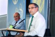 26 June 2020; Uachtarán Chumann Lúthchleas Gael John Horan,  right, and Fergal McGill, Director of Player, Club & Games Administration, during the GAA fixtures press conference at Croke Park in Dublin. The GAA announced that inter-county fixtures will resume on October 17. Following approval from the GAA and the Irish Government, the GAA released its safe return to play protocols, allowing pitches to be opened for training and challenge games from 29 June. On March 25, the GAA announced the cessation of all GAA activities and closures of all GAA facilities under their jurisdiction upon directives from the Irish Government in an effort to contain the Coronavirus (COVID-19) pandemic. Photo by Ramsey Cardy/Sportsfile