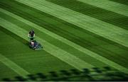 26 June 2020; Croke Park's groundsman Colm Daly cuts the pitch at Croke Park in Dublin. The GAA announced that inter-county fixtures will resume on October 17. Following approval from the GAA and the Irish Government, the GAA released its safe return to play protocols, allowing pitches to be opened for training and challenge games from 29 June. On March 25, the GAA announced the cessation of all GAA activities and closures of all GAA facilities under their jurisdiction upon directives from the Irish Government in an effort to contain the Coronavirus (COVID-19) pandemic. Photo by Ramsey Cardy/Sportsfile