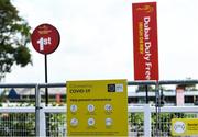 26 June 2020; Coronavirus signage is seen outside the winners encloure prior to racing on day one of the Dubai Duty Free Irish Derby Festival at The Curragh Racecourse in Kildare. Horse Racing continues behind closed doors following strict protocols having been suspended from March 25 due to the Irish Government's efforts to contain the spread of the Coronavirus (COVID-19) pandemic. Photo by Harry Murphy/Sportsfile