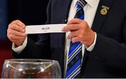 26 June 2020; Chairman of the Munster Council of the GAA Liam Lenihan draws out Clare during the Munster and Leinster Hurling and Football Championship Draws at Leinster Council offices on Mountmellick Road in Portlaoise, Laois. The GAA have announced that inter-county fixtures will resume with the final rounds of the Allianz Leagues on 17/18 October and the Munster and Leinster Hurling Championships on 24/25 October and Provincial Football Championships on weekend of 31October/1 November culminating with the All-Ireland Senior Hurling and Football Finals in December. On March 25, the GAA announced the cessation of all GAA activities and closures of all GAA facilities under their jurisdiction upon directives from the Irish Government in an effort to contain the Coronavirus (COVID-19) pandemic. Photo by Brendan Moran/Sportsfile