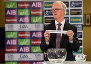 26 June 2020; Chairman of the Leinster Council of the GAA Pat Teehan draws the names Carlow / Offaly / Kildare for their round during the Leinster Hurling and Football Championship Draws at Leinster Council offices on Mountmellick Road in Portlaoise, Laois. The GAA have announced that inter-county fixtures will resume with the final rounds of the Allianz Leagues on 17/18 October and the Munster and Leinster Hurling Championships on 24/25 October and Provincial Football Championships on weekend of 31October/1 November culminating with the All-Ireland Senior Hurling and Football Finals in December. On March 25, the GAA announced the cessation of all GAA activities and closures of all GAA facilities under their jurisdiction upon directives from the Irish Government in an effort to contain the Coronavirus (COVID-19) pandemic. Photo by Brendan Moran/Sportsfile