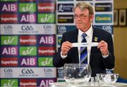 26 June 2020; Chairman of the Munster Council of the GAA Liam Lenihan draws out Cork during the Munster and Leinster Hurling and Football Championship Draws at Leinster Council offices on Mountmellick Road in Portlaoise, Laois. The GAA have announced that inter-county fixtures will resume with the final rounds of the Allianz Leagues on 17/18 October and the Munster and Leinster Hurling Championships on 24/25 October and Provincial Football Championships on weekend of 31October/1 November culminating with the All-Ireland Senior Hurling and Football Finals in December. On March 25, the GAA announced the cessation of all GAA activities and closures of all GAA facilities under their jurisdiction upon directives from the Irish Government in an effort to contain the Coronavirus (COVID-19) pandemic. Photo by Brendan Moran/Sportsfile