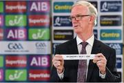 26 June 2020; Chairman of the Leinster Council of the GAA Pat Teehan draws the names Longford / Louth / Laois for their round during the Leinster Hurling and Football Championship Draws at Leinster Council offices on Mountmellick Road in Portlaoise, Laois. The GAA have announced that inter-county fixtures will resume with the final rounds of the Allianz Leagues on 17/18 October and the Munster and Leinster Hurling Championships on 24/25 October and Provincial Football Championships on weekend of 31October/1 November culminating with the All-Ireland Senior Hurling and Football Finals in December. On March 25, the GAA announced the cessation of all GAA activities and closures of all GAA facilities under their jurisdiction upon directives from the Irish Government in an effort to contain the Coronavirus (COVID-19) pandemic. Photo by Brendan Moran/Sportsfile