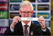 26 June 2020; Chairman of the Leinster Council of the GAA Pat Teehan draws Dublin during the Leinster Hurling Championship Draw at Leinster Council offices on Mountmellick Road in Portlaoise, Laois. The GAA have announced that inter-county fixtures will resume with the final rounds of the Allianz Leagues on 17/18 October and the Munster and Leinster Hurling Championships on 24/25 October and Provincial Football Championships on weekend of 31October/1 November culminating with the All-Ireland Senior Hurling and Football Finals in December. On March 25, the GAA announced the cessation of all GAA activities and closures of all GAA facilities under their jurisdiction upon directives from the Irish Government in an effort to contain the Coronavirus (COVID-19) pandemic. Photo by Brendan Moran/Sportsfile