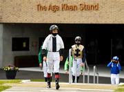 27 June 2020; Jockey Robbie Colgan makes his way to the parade ring prior to the Dubai Duty Free The Irish Village Irish EBF Maiden during day two of the Dubai Duty Free Irish Derby Festival at The Curragh Racecourse in Kildare. Horse Racing continues behind closed doors following strict protocols having been suspended from March 25 due to the Irish Government's efforts to contain the spread of the Coronavirus (COVID-19) pandemic. Photo by Seb Daly/Sportsfile