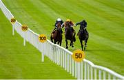 27 June 2020; Buckhurst, left, with Wayne Lordan up, races alongside eventual second place Sir Dragonet, right, with Seamie Heffernan up, and third place Numerian, centre, with Declan McDonogh up, on their way to winning the Dubai Duty Free Jumeirah Creekside Hotel Alleged Stakes during day two of the Dubai Duty Free Irish Derby Festival at The Curragh Racecourse in Kildare. Horse Racing continues behind closed doors following strict protocols having been suspended from March 25 due to the Irish Government's efforts to contain the spread of the Coronavirus (COVID-19) pandemic. Photo by Seb Daly/Sportsfile