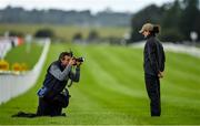 27 June 2020; Jockey Rachael Blackmore has her photograph taken by photographer Pat Healy while walking the course prior to racing in the Dubai Duty Free Irish Derby on day two of the Dubai Duty Free Irish Derby Festival at The Curragh Racecourse in Kildare. Horse Racing continues behind closed doors following strict protocols having been suspended from March 25 due to the Irish Government's efforts to contain the spread of the Coronavirus (COVID-19) pandemic. Photo by Seb Daly/Sportsfile