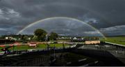27 June 2020; A rainbow is seen above the Parade Ring ahead of the Dubai Duty Free Irish Derby during day two of the Dubai Duty Free Irish Derby Festival at The Curragh Racecourse in Kildare. Horse Racing continues behind closed doors following strict protocols having been suspended from March 25 due to the Irish Government's efforts to contain the spread of the Coronavirus (COVID-19) pandemic. Photo by Seb Daly/Sportsfile