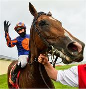 27 June 2020; Jockey Seamie Heffernan after winning the Dubai Duty Free Irish Derby on Santiago during day two of the Dubai Duty Free Irish Derby Festival at The Curragh Racecourse in Kildare. Horse Racing continues behind closed doors following strict protocols having been suspended from March 25 due to the Irish Government's efforts to contain the spread of the Coronavirus (COVID-19) pandemic. Photo by Seb Daly/Sportsfile