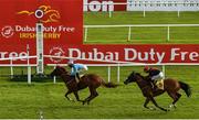 27 June 2020; Big Baby Bull, left, with Joey Sheridan up, crosses the line ahead of second place Current Option, with Ronan Whelan up, to win the Dubai Duty Free Millennium Millionaire Handicap during day two of the Dubai Duty Free Irish Derby Festival at The Curragh Racecourse in Kildare. Horse Racing continues behind closed doors following strict protocols having been suspended from March 25 due to the Irish Government's efforts to contain the spread of the Coronavirus (COVID-19) pandemic. Photo by Seb Daly/Sportsfile