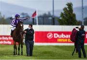 28 June 2020; Seamie Heffernan poses for a photo on Magical after winning the Alwasmiyah Pretty Polly Stakes race during day three of the Dubai Duty Free Irish Derby Festival at The Curragh Racecourse in Kildare. Horse Racing continues behind closed doors following strict protocols having been suspended from March 25 due to the Irish Government's efforts to contain the spread of the Coronavirus (COVID-19) pandemic. Photo by David Fitzgerald/Sportsfile