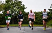 28 June 2020; Rory O'Connor of Rory Stories with, from left, Meath football manager Andy McEntee, Meath ladies football captain Máire O’Shaughnessy, and Meath mens football captain Bryan Menton during the Solo For Livie Challenge in Ashbourne, Meath. The fundraising event is in support of 9 month old Livie Mulhern, from Balrath in Meath. Livie has been diagnosed with a rare and serious genetic neuromuscular condition called spinal muscular atrophy (SMA) type 1. SMA is caused by a gene deletion which results in deterioration of Livie’s nerve cells connecting her brain and spinal cord to her body’s muscles. The money raised from the event will be put towards a once-off gene therapy called Zolgensma, which is currently only available in the USA. It is the worlds most expensive treatment at a cost of $2,100,000. Photo by Ramsey Cardy/Sportsfile