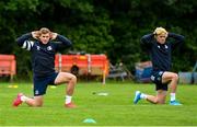 29 June 2020; Jordan Larmour, left, and Jimmy O'Brien during Leinster rugby squad training at UCD in Dublin. Rugby teams have been approved for return of restricted training under IRFU and the Irish Government’s Roadmap for Reopening of Society and Business following strict protocols allowing it to return in a phased manner, having been suspended since March due to the Irish Government's efforts to contain the spread of the Coronavirus (COVID-19) pandemic. Photo by Marcus Ó Buachalla for Leinster Rugby via Sportsfile