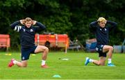 29 June 2020; Jordan Larmour, left, and Jimmy O'Brien during Leinster rugby squad training at UCD in Dublin. Rugby teams have been approved for return of restricted training under IRFU and the Irish Government’s Roadmap for Reopening of Society and Business following strict protocols allowing it to return in a phased manner, having been suspended since March due to the Irish Government's efforts to contain the spread of the Coronavirus (COVID-19) pandemic. Photo by Marcus Ó Buachalla for Leinster Rugby via Sportsfile