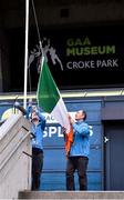 29 June 2020; Tour Guides Ger Gregan, left, and Gerry McGarry, raise the tri-colour outside the reopened GAA Museum at Croke Park. The inspiring Stadium Tour, thrilling Skyline Tour and treasured GAA Museum are now open to the public. With the GAA All-Ireland Senior Championships postponed until October, this is your only chance to visit Croke Park this summer, making them this season’s hottest tickets! For more see www.crokepark.ie/tours. Photo by Sam Barnes/Sportsfile