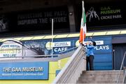 29 June 2020; Tour Guides Ger Gregan, right, and Gerry McGarry, raise the tri-colour outside the reopened GAA Museum at Croke Park. The inspiring Stadium Tour, thrilling Skyline Tour and treasured GAA Museum are now open to the public. With the GAA All-Ireland Senior Championships postponed until October, this is your only chance to visit Croke Park this summer, making them this season’s hottest tickets! For more see www.crokepark.ie/tours. Photo by Sam Barnes/Sportsfile