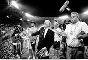 30 June 1990; An Taoiseach Charlie Haughey, T.D, centre, and FAI Honorary Treasurer Joe Delaney after the FIFA World Cup 1990 Quarter-Final match between Italy and Republic of Ireland at the Stadio Olimpico in Rome, Italy. Photo by Ray McManus/Sportsfile