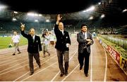 30 June 1990; Republic of Ireland manager Jack Charlton and assistant Maurice Setters, left, waves to supporters after the FIFA World Cup 1990 Quarter-Final match between Italy and Republic of Ireland at the Stadio Olimpico in Rome, Italy. Photo by Ray McManus/Sportsfile