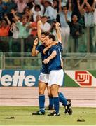 30 June 1990; Salvatore Schillaci, right, of Italy celebrates after scoring his side's only and winning goal with team-mate Guiseppe Giannini during the FIFA World Cup 1990 Quarter-Final match between Italy and Republic of Ireland at the Stadio Olimpico in Rome, Italy. Photo by Ray McManus/Sportsfile