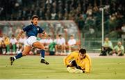 30 June 1990; Roberto Baggio of Italy scores a goal past Republic of Ireland goalkeeper Packie Bonner only for the goal to be disallowed for offside during the FIFA World Cup 1990 Quarter-Final match between Italy and Republic of Ireland at the Stadio Olimpico in Rome, Italy. Photo by Ray McManus/Sportsfile